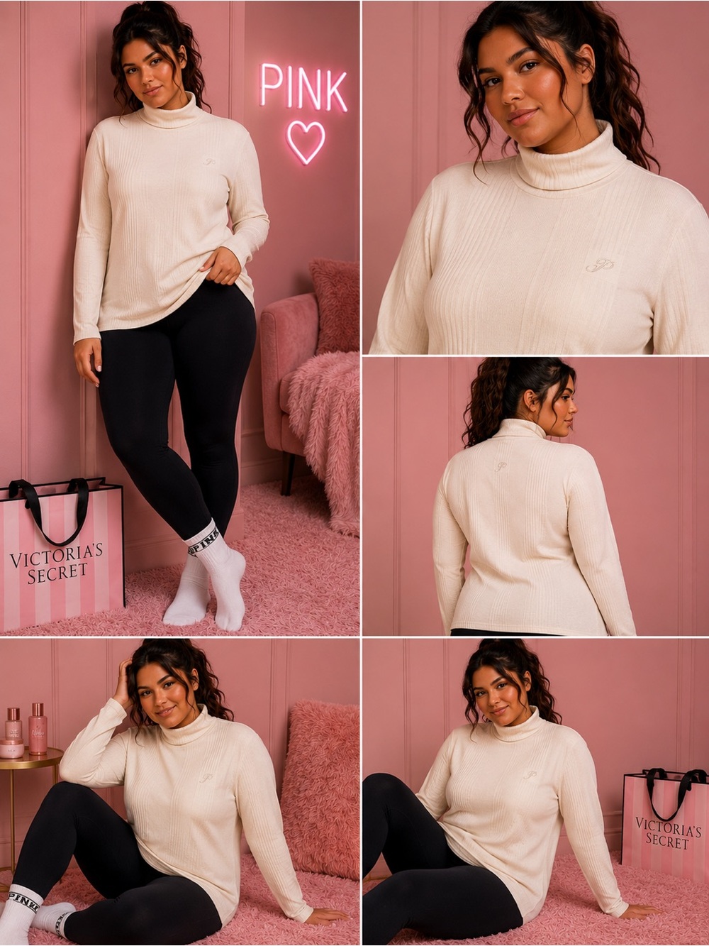 PINK Victoria's Secret Cream Long Sleeve Ribbed Top